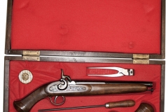 movie prop flintlock/percussion, Cased matching set of percusion dueling pistols.