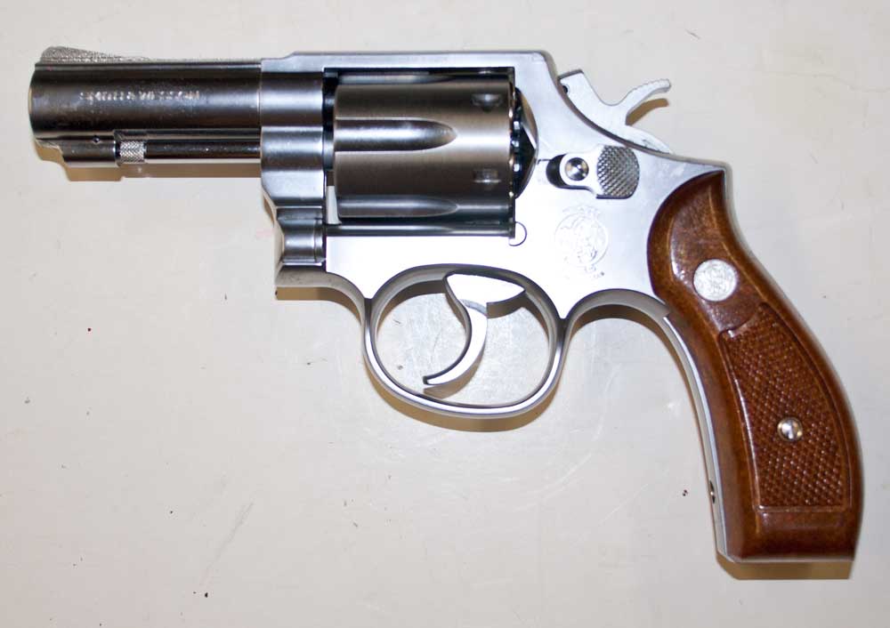 Non-firing replica Smith & Wesson nickel-plated snub-nose revolver. 