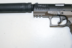 moviegunguy.com, movie prop handguns, semiautomatic, Replica Walther P99 two-tone frame with silencer.