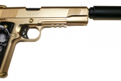 moviegunguy.com, movie prop semiautomatic handgun, Custom Gold-Plated 1911 with Silencer