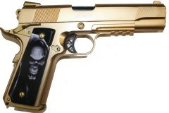 moviegunguy.com, movie prop semiautomatic handgun, Custom Gold-Plated 1911 with Skull Grips