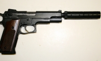 moviegunguy.com, movie prop handguns, semi-automatic, Replica 1911 with silencer