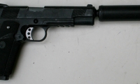 moviegunguy.com, movie prop handguns, semi-automatic, replica Custom 1911 with silencer