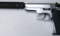 moviegunguy.com, movie prop handguns, semi-automatic, replica Compact chrome Smith & Wesson 9mm with silencer
