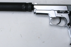 moviegunguy.com, movie prop handguns, semi-automatic, replica Compact chrome Smith & Wesson 9mm with silencer