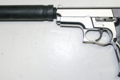 moviegunguy.com, movie prop handguns, semiautomatic, Replica chrome Smith & Wesson 9mm with silencer.