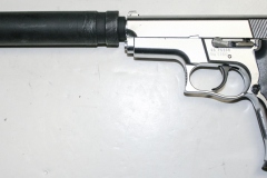 moviegunguy.com, movie prop handguns, semiautomatic, Replica chrome S&W 9mm automatic with silencer