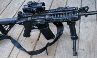 prop modern US military guns/gear, replica M4 with bipod and optic.