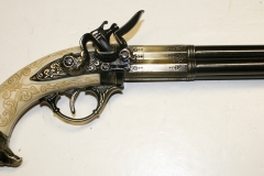 golden age of piracy, moviegunguy.com, non-firing, working action, Replica Triple Barrel Flintlock, engraved ivory grip