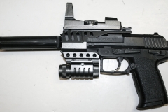 movie prop handguns, semi-automatic, Replica HK USP with silencer, flashlight and red-dot scope.