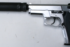 movie prop handguns, semi-automatic, replica Compact chrome Smith & Wesson 9mm with silencer