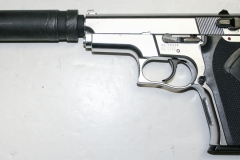 movie prop handguns, semi-automatic, Replica chrome S&W 9mm automatic with silencer