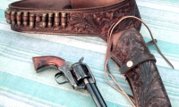 moviegunguy.com, movie prop western holster, Dark brown hand-tooled belt and holster rig