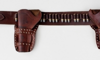 moviegunguy.com, movie prop western holster, Dark brown belt with two studded custom holtsers with dummy rounds